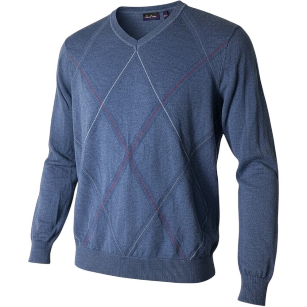 Alan Flusser Mens XL Blue Argyle V-Neck Cotton Knit Pullover Sweater